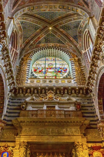 Siena Italy, October 25, 2018: Wall, stained-glass window and ceiling decorations in Siena Cathedral Duomo