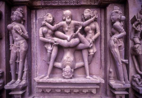 Erotic images on the Exterior wall of the Kandariya Mahadeva temple in Khajuraho, Madhya Pradesh, India, Asia. World Heritage Site, Asia