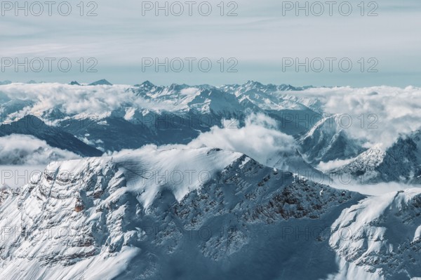 Mountain panorama from the viewing platform on the Zugspitze. German and Austrian ski areas