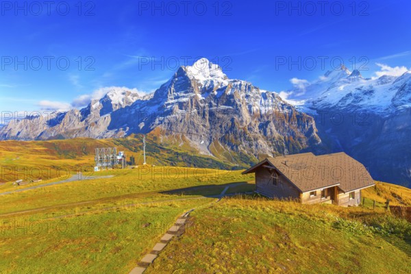 Grindelwald First, Switzerland aerial Swiss Alps mountains panorama landscape, wooden chalet and high snow peaks in background