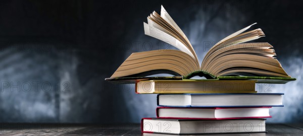 A composition with an open book lying on a stack of other books