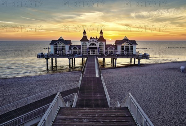 Sunset behind famous sight pier of Sellin on isle of rugia