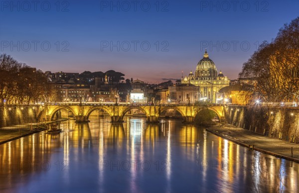 The Tiber and the Basilica of St. Peter in Vatican City, Italy, at dusk, Europe