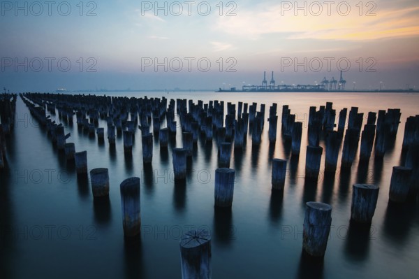 The historic Princes Pier featuring many disused pylons on a hot summer's day in Port Melbourme, Australia, Oceania