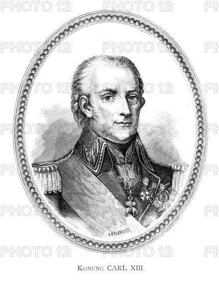Charles XIII II (Swedish: Carl XIII) (Stockholm) (7 October 1748 ? Stockholm) (5 February 1818), was King of Sweden (as Charles XIII) from 1809 and King of Norway (as Charles II) from 1814 until his death. He was the second son of King Adolf Frederick of Sweden and Louisa Ulrika of Prussia, sister of Frederick the Great. Engraving by Ida Falander (1842-1927), published in Starbäck, Bäckström: Berättelser ur Svenska Historien ca 1880