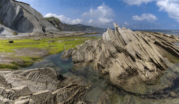 A view of the Flysch rock formations and cliffs with tidal pools on the Basque Country coast near Zumaia