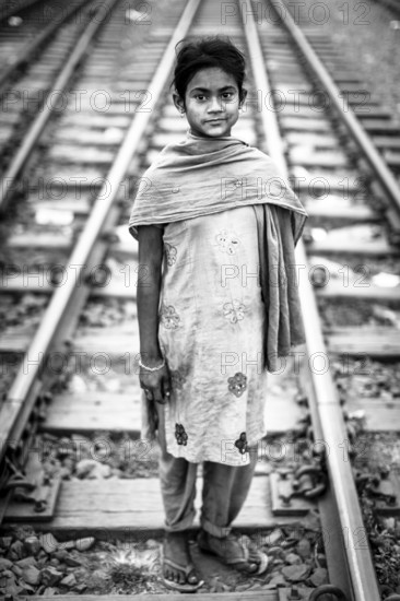 Girl on the railway tracks, Monochrom, Dhaka, Bangladesh, Asia