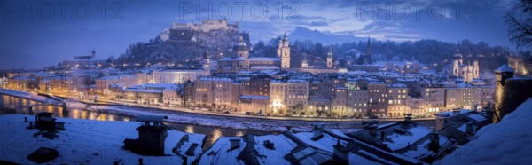 Salzburg old city at christmas time, snowy in the evening, Austria, Europe