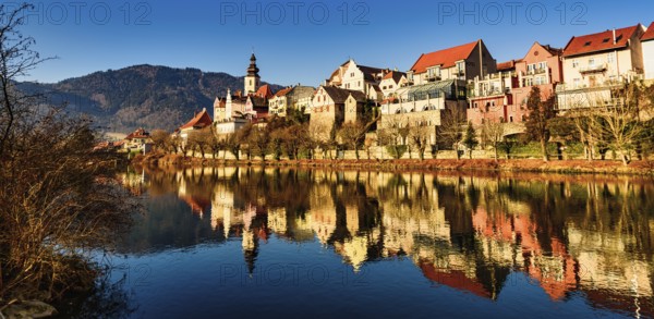 Frohnleiten panorama small city above Mur river in Styria, Austria. View at Parish church, town and river Mur. Famous travel destination