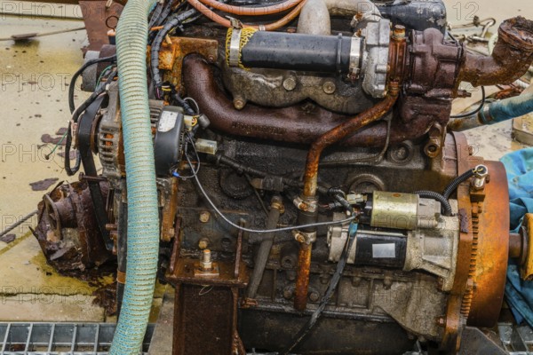 Taean, South Korea. August 14, 2019: Closeup of rusted inboard engine exposed to elements sitting on wet concrete pier