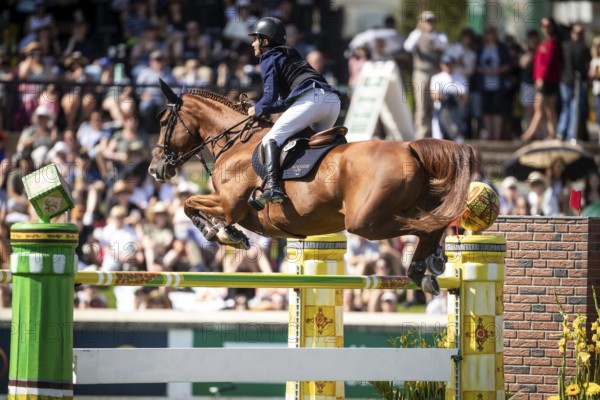 Juan Manuel Gallego of Columbia and riding Fee Des Sequoias Z compete in the first round of the 1.60m CPKC International during the Spruce Meadows Masters, presented by Rolex, in Calgary, Alberta, Canada, North America