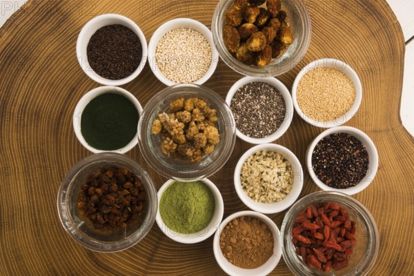 Bowls of various superfoods