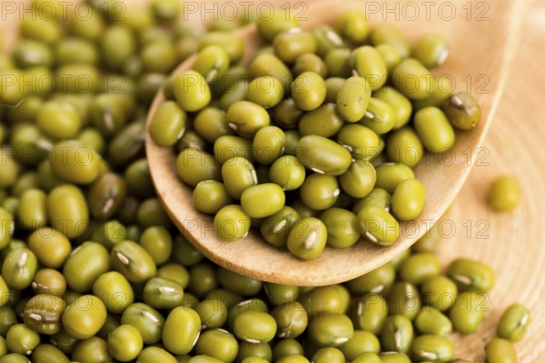 Mung beans over wooden spoon, lodz, poland