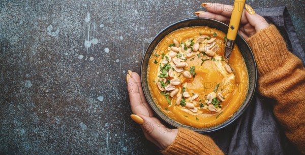 Female hands in yellow knitted sweater holding a bowl with pumpkin cream soup on dark stone background with spoon decorated with peanuts, top view. Autumn cozy dinner concept, space for text, food photography