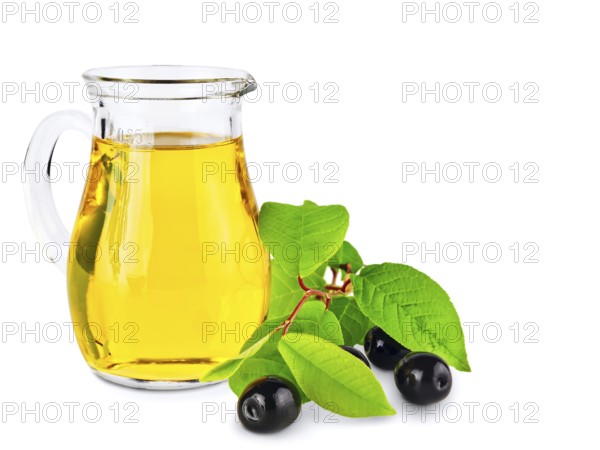 Olive oil and olives wiyh green leaves against white background