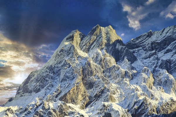 Towering snow-capped mountains in the light of a dramatic sunset, Rosenlaui Gorge, Bernese Oberland, Canton of Bern, Switzerland, Europe