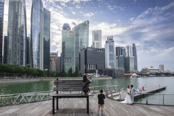 View over Marina Bay to skyscrapers, Singapore, Republic of Singapore, Asia