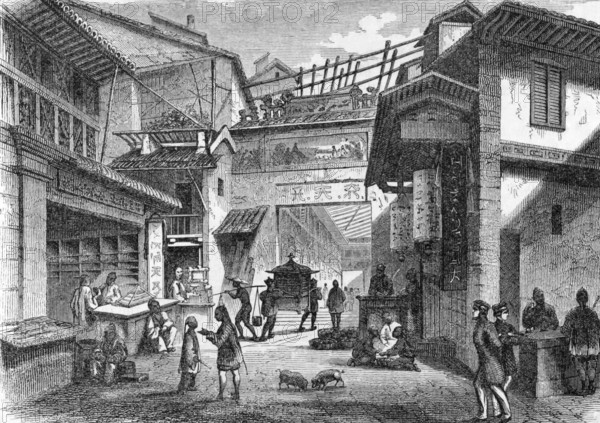 Street in Canton (Guangzhou), China on engraving from 1871. Engraved by N.Orr after a picture by Heine