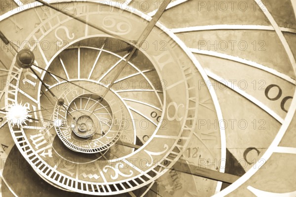 Droste effect background based on Prague astronimical clock. Abstract design for concepts related to astrology, fantasy, time and magic