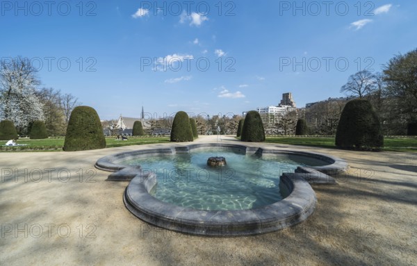 Ixelles, Brussels, Belgium, 03 30 2019: Panoramic ultra wide view over the park and site of the La Cambre Abbey, Europe