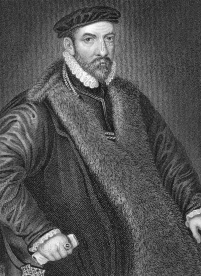 Nicholas Bacon (1510-1579) on engraving from 1838. English politician and father of the philosopher and statesman Francis Bacon. Engraved by W.H.More after a painting by Zucchero and published by J.Tallis Co