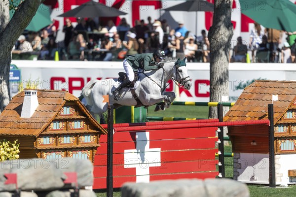 Daniel Coyle of Ireland, riding Incredible competes in the BMO Nations Cup during the CSIO Spruce Meadows, Masters, in Calgary, Alberta, Canada, North America