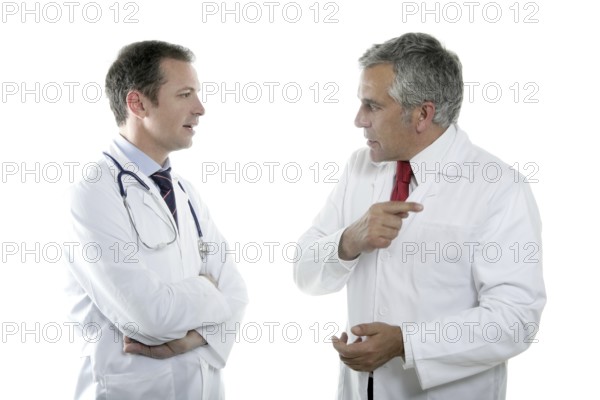 Doctors team talking expertise senior tie white background