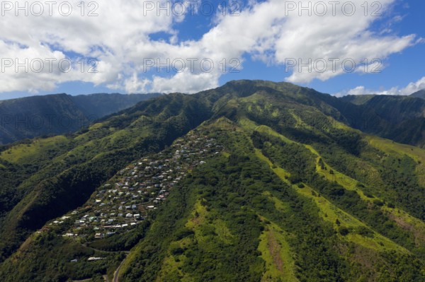 Aerial view of the west coast of Tahiti, Tahiti, French Polynesia, Oceania