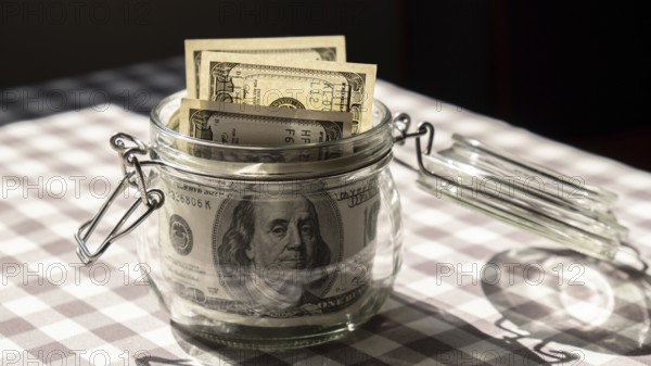 Dollar banknote saving money in glass jar. Consumption and economy Collecting money. Tips. Business, finance, saving, banking and people concept. Extra money, passive income. Saving for travel, crisis, house, car, education, retirement