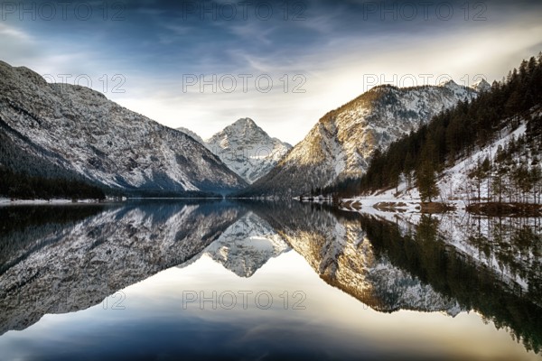 Reflection at Plansee (Plan Lake), Alps, Austria, Europe