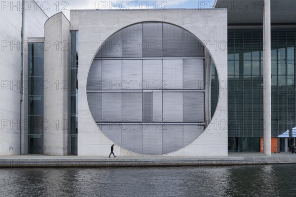 23.04.2024, Berlin, Germany, Europe, View from the west of the futuristic Marie-Elisabeth-Lüders-Haus on the banks of the Spree in Berlin's Mitte district, designed by German architect Stephan Braunfels, Europe