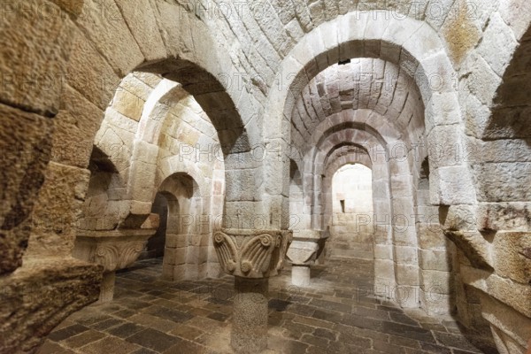 Leyre, Spain, August 10, 2019 : Interior of the ancient romanesque crypt of the Church of Holy Savior of Leyre Iglesia de San Salvador de Leyre, Navarre, Spain, Europe