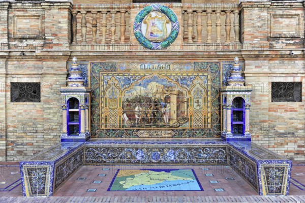 Plaza de España in Seville, Seville, Andalusia, Spain, Europe, Ceramic mural with historical scenes from Oviedo in blue and earthy tones, Europe