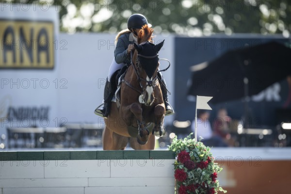 Jaydan Stettner of Canada and riding Ielinea JTL competes in the 1.45m Enbridge Cup at the Spruce Meadows, Masters, in Calgary, Alberta, Canada, North America