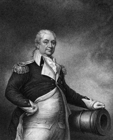 Henry Knox (1750-1806) on engraving from 1835. Military officer of the Continental Army and later the United States Army. Engraved by E.Prudhomme and published in National Portrait Gallery of Distinguished Americans Volume II, USA, 1835, North America