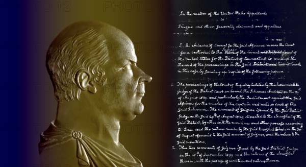 Portrait after a medal of John Quincy Adams, 6th president of the United States, his request for papers relating to the Lower Court Trials of the Amistad Africans