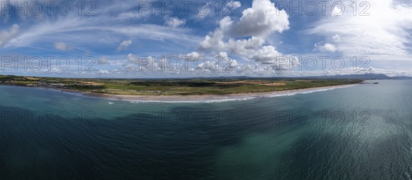 A panorama aerial view of the endless golden sand beach in Ballybunion on the west coast of Ireland