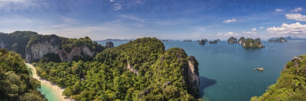 Tropical islands high angle view with ocean blue sea water at Koh Hong Island 360 viewpoint, Krabi Thailand nature landscape panorama
