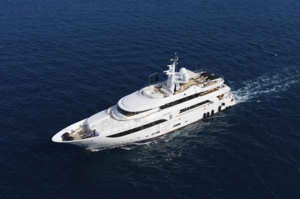 Aerial view 42, 6 metre long motor yacht EMOTION 2, delivered in 2007 by the Italian shipyard CRN, cruising off the Principality of Monaco, Cote d'Azur, Mediterranean Sea