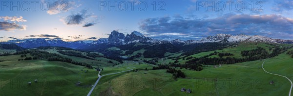 Panoramic view from the Seiser Alm to the Dolomites in Italy, drone shot