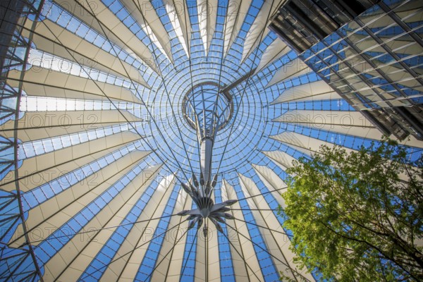 Berlin, Germany, June 2022: Low angle view on the dome of the Sony Center at Potsdamer Platz in Berlin, Germany, Europe