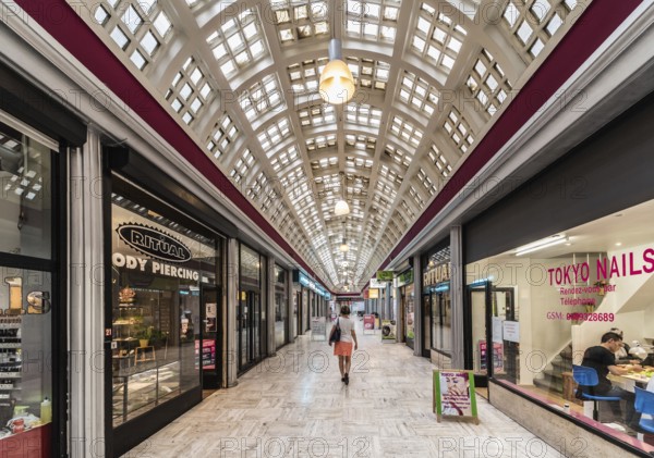 Brussels Old Town, Belgium, 07 18 2019- Interior arcades of the Galerie du centre, a vintage central Gallery, Europe