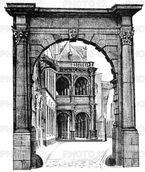 Historical architectural illustration from the 19th Century, 1881, German Renaissance style, 16th century, old town hall, Cologne, Germany, Europe, Deutsche Renaissance, Architektur-Zeichnung von 1881, Eingang zum Kölner Rathaus, Köln, Nordrhein-Westfalen, Deutschland, Europa, Europe