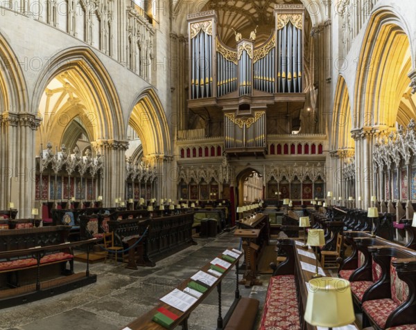 Wells, United Kingdom, 1 September, 2022: view of the Choir and the church organ inside the historic cathedral of Wells, Europe