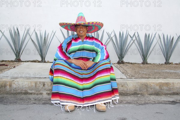 Mexican man sit sombrero serape and agave cactus smiling