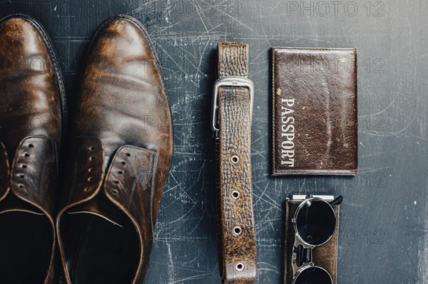 Flat lay of shoes, belt, passport, and sunglasses arranged on a dark scratched surface
