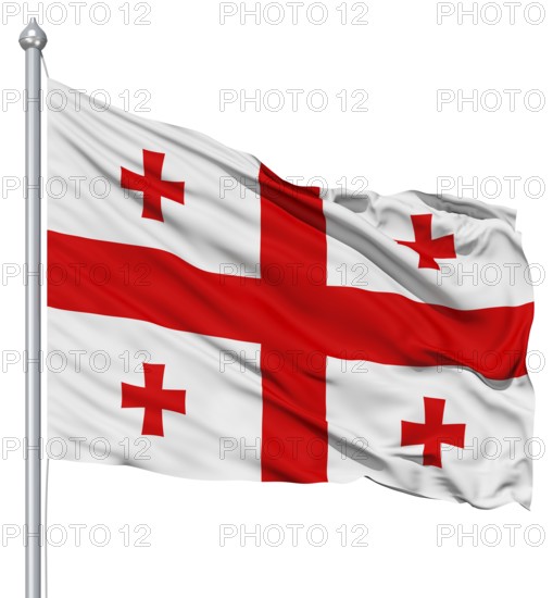 Flag of Georgia with flagpole waving in the wind against white background