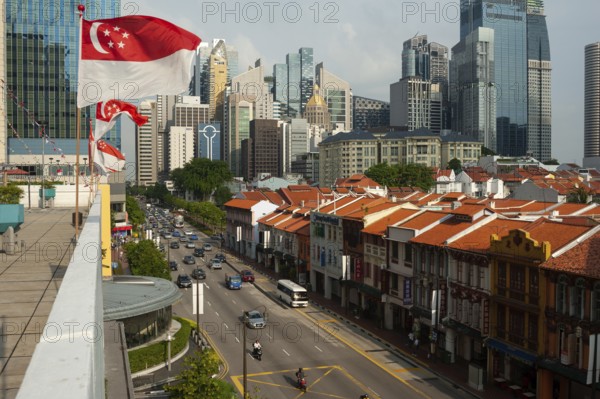 19.07.2018, Singapore, Republic of Singapore, Asia, A view from above of Singapore's Chinatown district and the skyscrapers of the business district in the background, Asia
