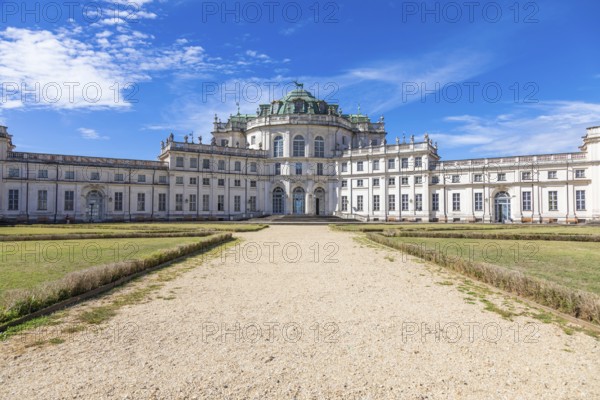 Stupinigi, Italy, 19 August 2022: Stupinigi royal palace exterior, Italy travel destination, blue sky, nobody, Europe