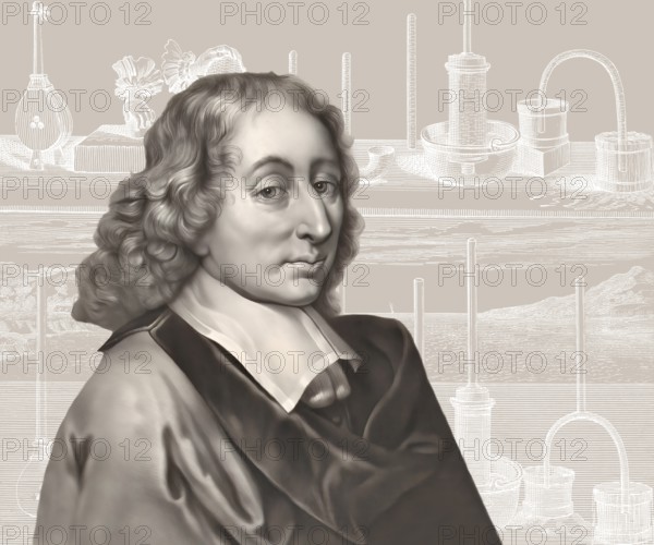 Portrait of Blaise Pascal with a page of Traitez de l'equilibre des liqueurs, et de la pesanteur de la masse de l'air, 1663